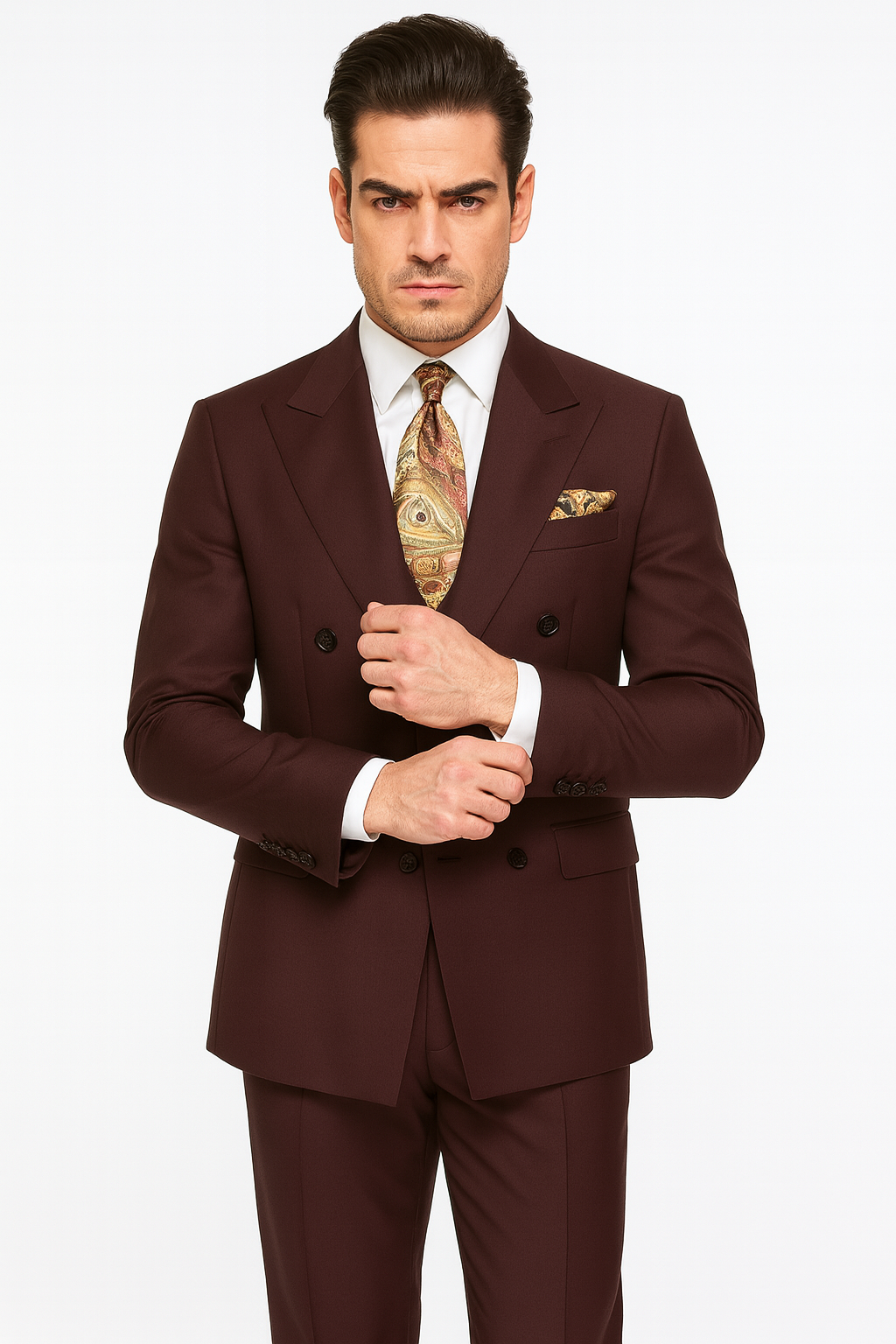 Double Breasted Suits - Vested Suits Wool Fabric - Apolo King Brand - Solid Brown Suit