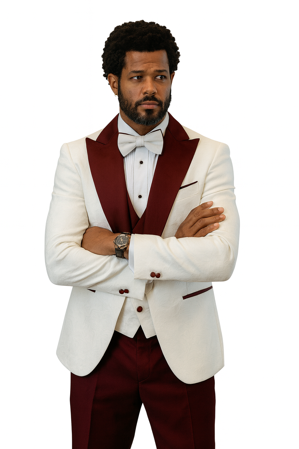 Hilton White & Burgundy Paisley Peak Lapel Tuxedo Jacket with Matching Shawl Vest & Wool Pants  Includes Bow Tie