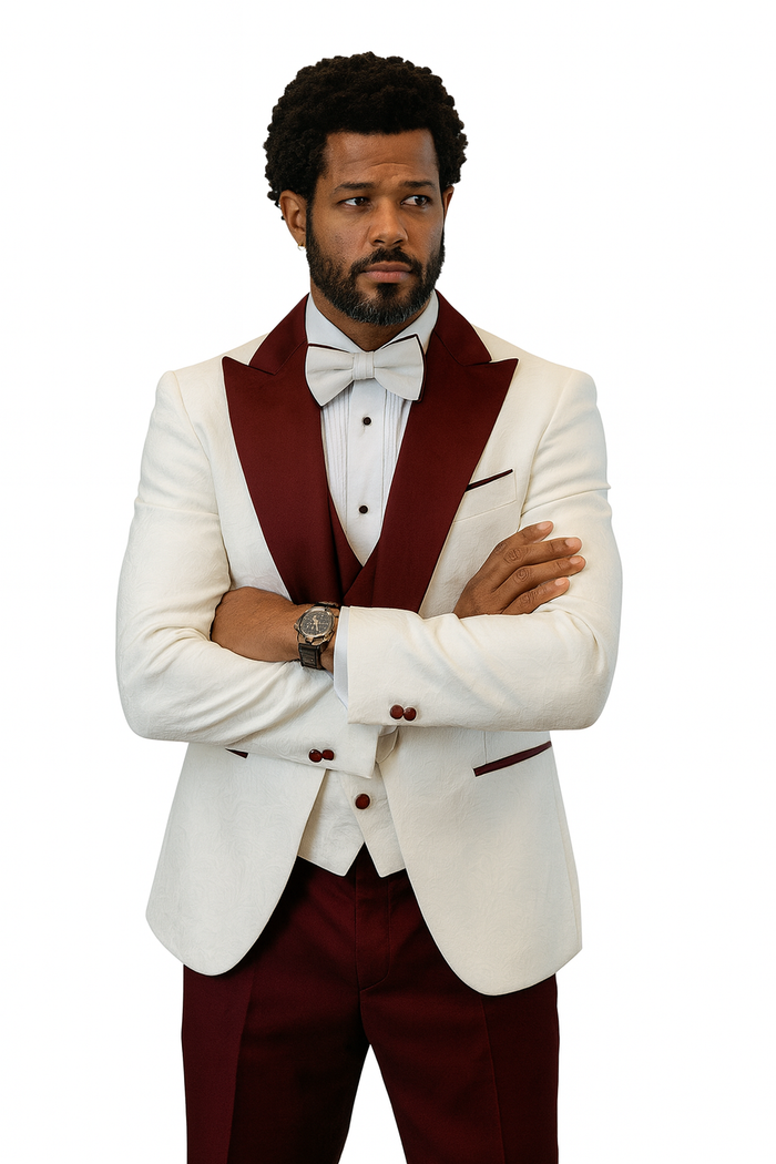 Hilton White & Burgundy Paisley Peak Lapel Tuxedo Jacket with Matching Shawl Vest & Wool Pants  Includes Bow Tie