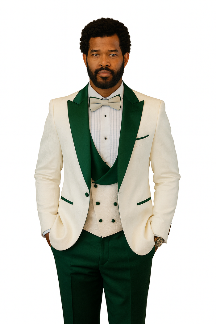 Hilton White and Hunter Green Paisley Peak Lapel Tuxedo Jacket with Matching Shawl Vest and Wool Pants  Includes Bow Tie
