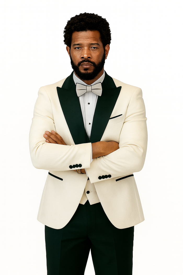 Hilton White and Black Paisley Peak Lapel Tuxedo Jacket with Matching Shawl Vest and Wool Pants  Includes Bow Tie