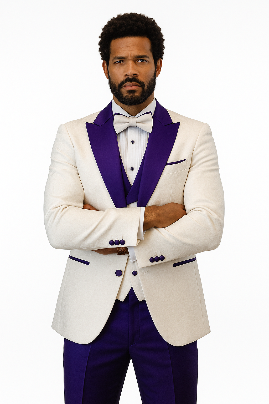 Hilton White and Purple Paisley Peak Lapel Tuxedo Jacket with Matching Shawl Vest and Wool Pants  Includes Bow Tie