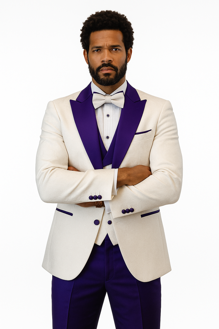 Hilton White and Purple Paisley Peak Lapel Tuxedo Jacket with Matching Shawl Vest and Wool Pants  Includes Bow Tie