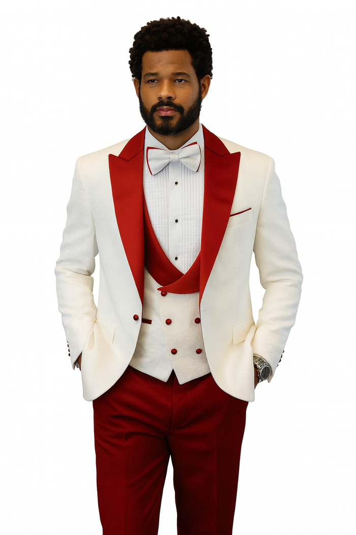Hilton White and Red Paisley Peak Lapel Tuxedo Jacket with Matching Shawl Vest and Wool Pants  Includes Bow Tie