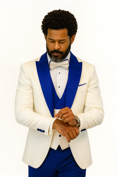 Hilton White and Royal Blue Paisley Peak Lapel Tuxedo Jacket with Matching Shawl Vest and Wool Pants  Includes Bow Tie