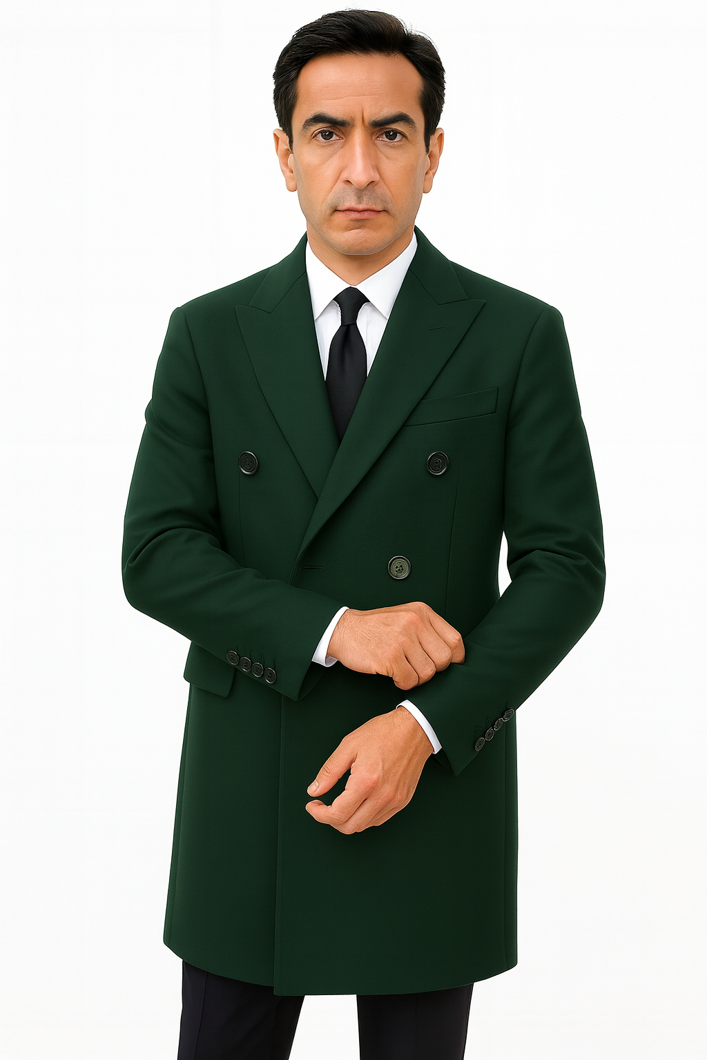 6 Button Dark Olive Green Long Overcoat Custom Prom Tuxedos