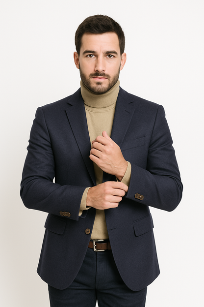 Mens Two Button Navy Cashmere Jacket with Notch Lapel