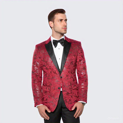 Red Paisley Notch Label Hybrid Fit Tuxedo Jacket - Wedding - Prom