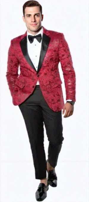 Red Paisley Notch Label Hybrid Fit Tuxedo Jacket - Wedding - Prom