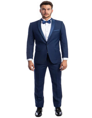 Blue Wedding Tuxedo - Men's Slim Fit One Button Satin Trim Peak Lapel Prom & Wedding Cobalt Blue Tuxedo