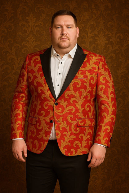 Men's Red and Gold Baroque Tuxedo Jacket with Black Satin Shawl Lapel