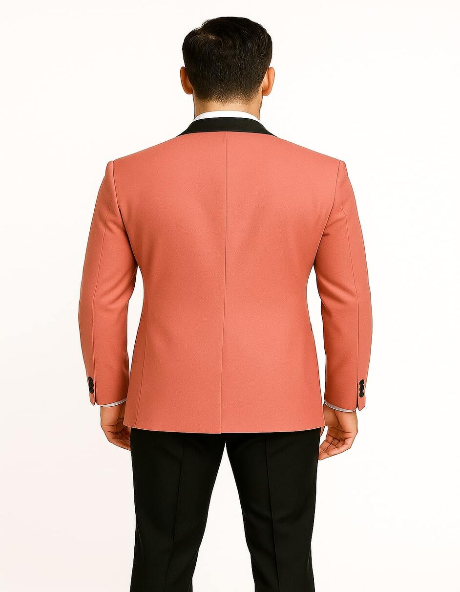 Mens Coral Pink Tuxedo Jacket with Black Satin Shawl Lapel Velvet Fabric  Modern Slim Fit Formal Blazer