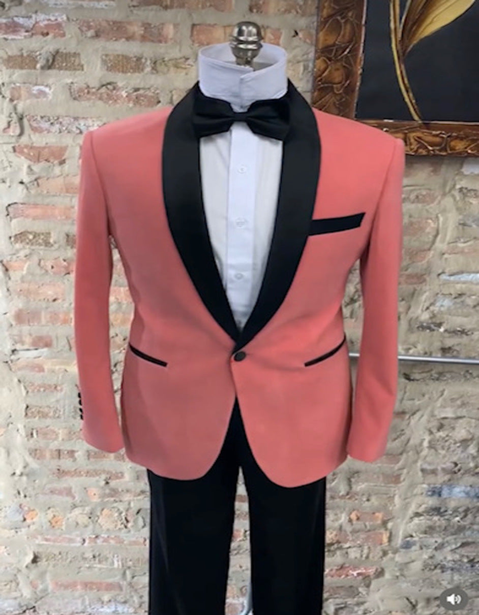 Mens Coral Pink Tuxedo Jacket with Black Satin Shawl Lapel Velvet Fabric  Modern Slim Fit Formal Blazer