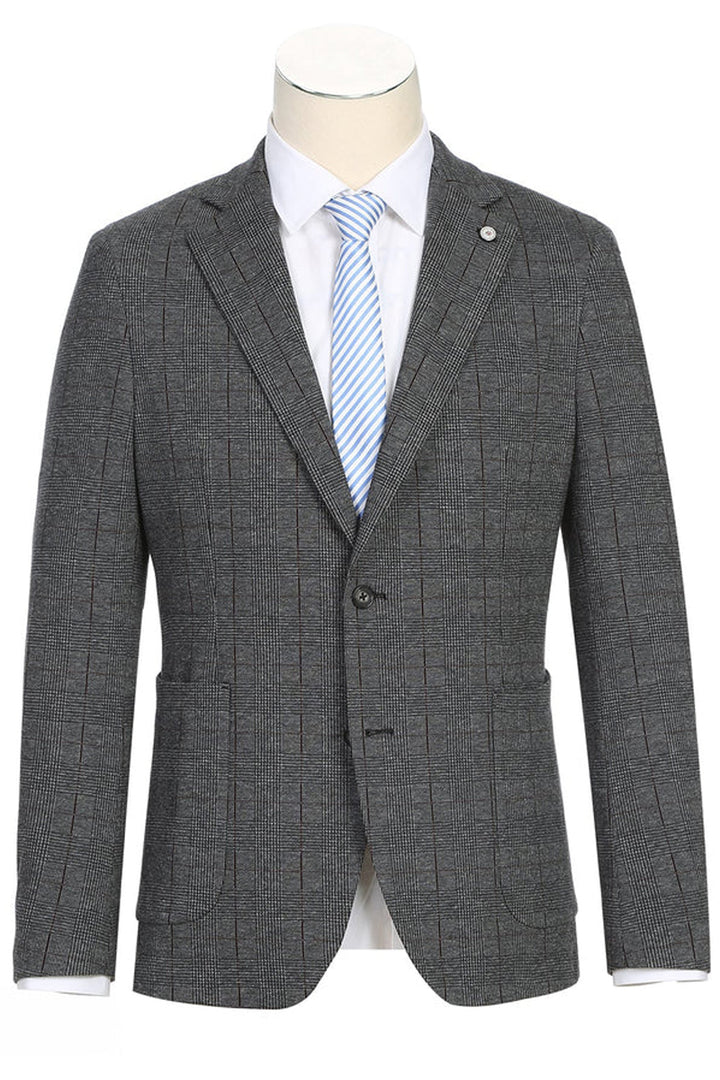 Saco vaquero - Western Sport Coat - Western Blazer- Mens Slim Fit Half Canvas Patch Pocket Summer Cotton Blazer In Charcoal Grey Windowpane Plaid