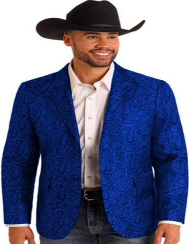 Mens Western Blazer - Paisley Pattern Cowboy Tuxedo Jacket in Color Royal