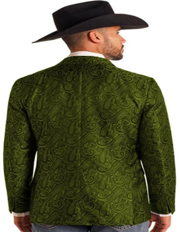 Mens Western Blazer - Paisley Pattern Cowboy Tuxedo Jacket in Color Olive