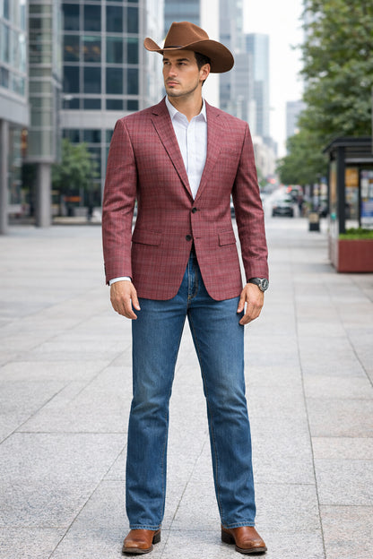 Saco vaquero - Western Sport Coat - Western Blazer  - Men's Two Button Regular Fit Windowpane Mauve Plaid Sport Coat Blazer