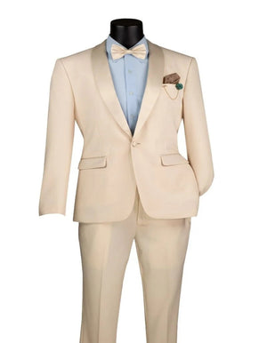 Cream Tuxedo Suit for Men  One Button Satin Lapel Formal Suit - Champagne Color Light Tan Tuxedo