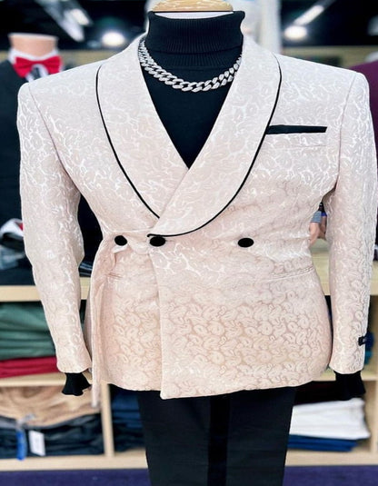 Mens Cream Jacquard Double-Breasted Tuxedo with Black Trim  Formal Blazer for Weddings & Events Ivory Color