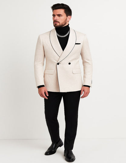 Mens Cream Jacquard Double-Breasted Tuxedo with Black Trim  Formal Blazer for Weddings & Events Ivory Color
