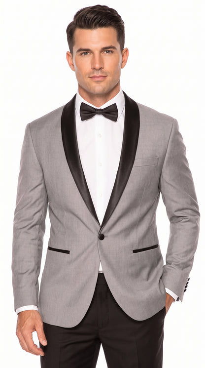 Men’s Light Grey Dinner Jacket with Black Shawl Lapel – 1 Button Tuxedo Blazer