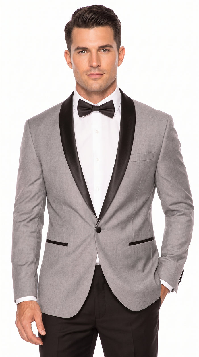 Men’s Light Grey Dinner Jacket with Black Shawl Lapel – 1 Button Tuxedo Blazer