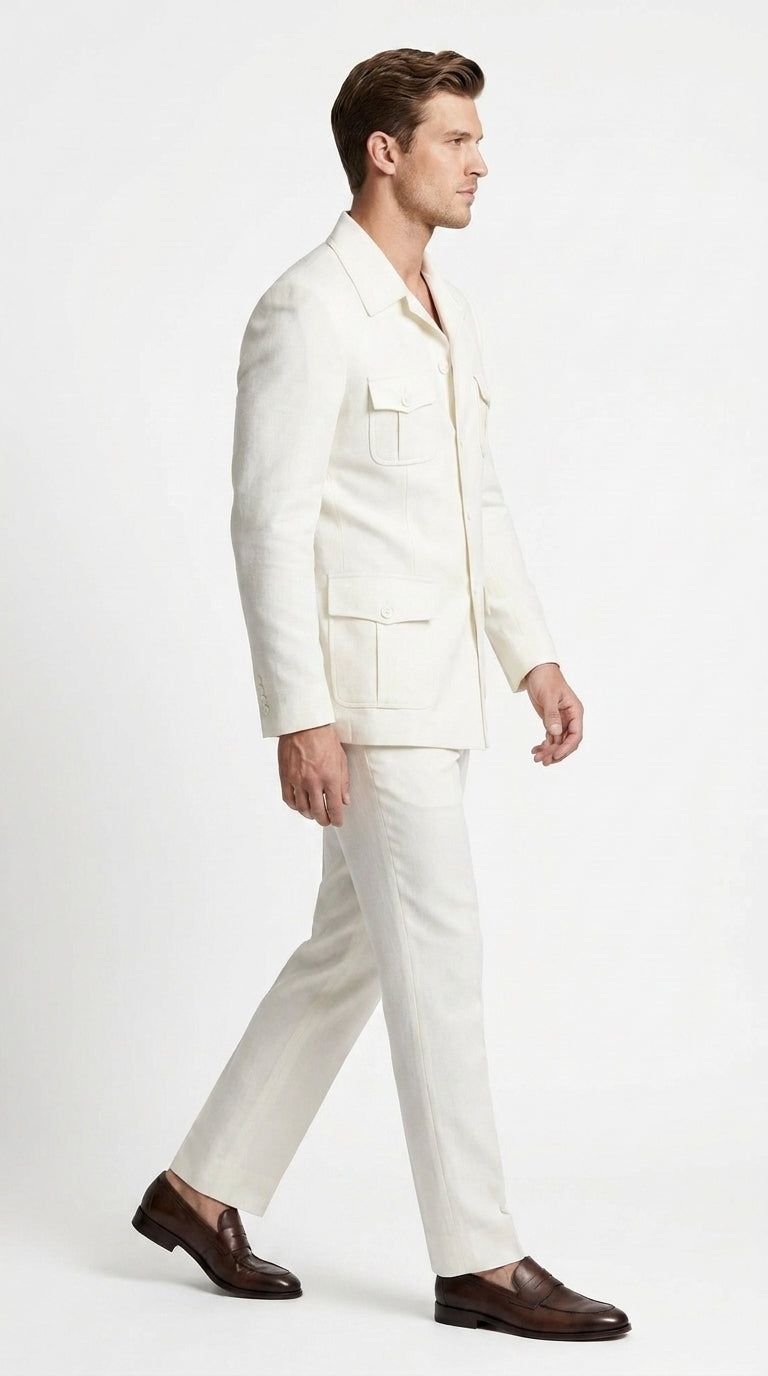 Men’s Off White Casual Safari Suit BP8102, Pocket Front Shirt Jacket and Pants Set