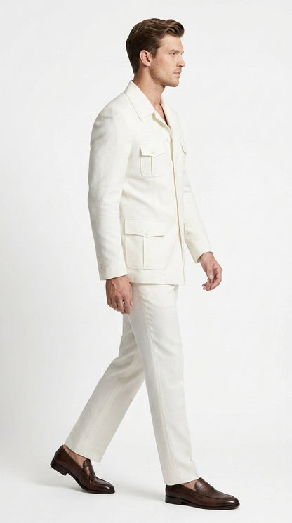 Men’s Off White Casual Safari Suit BP8102, Pocket Front Shirt Jacket and Pants Set