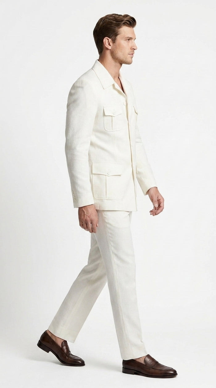 Men’s Off White Casual Safari Suit BP8102, Pocket Front Shirt Jacket and Pants Set