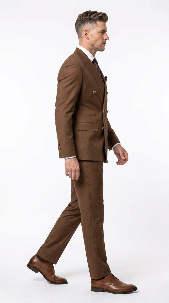 Rossi Man Men’s Brown Double Breasted Suit, Modern Fit Formal Wedding Business Dress Suit