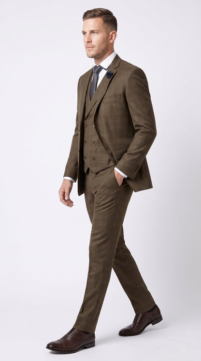Men’s Taupe Brown Plaid 3 Piece Suit, Double Breasted Vest V2RW-13 Formal Wedding Suit