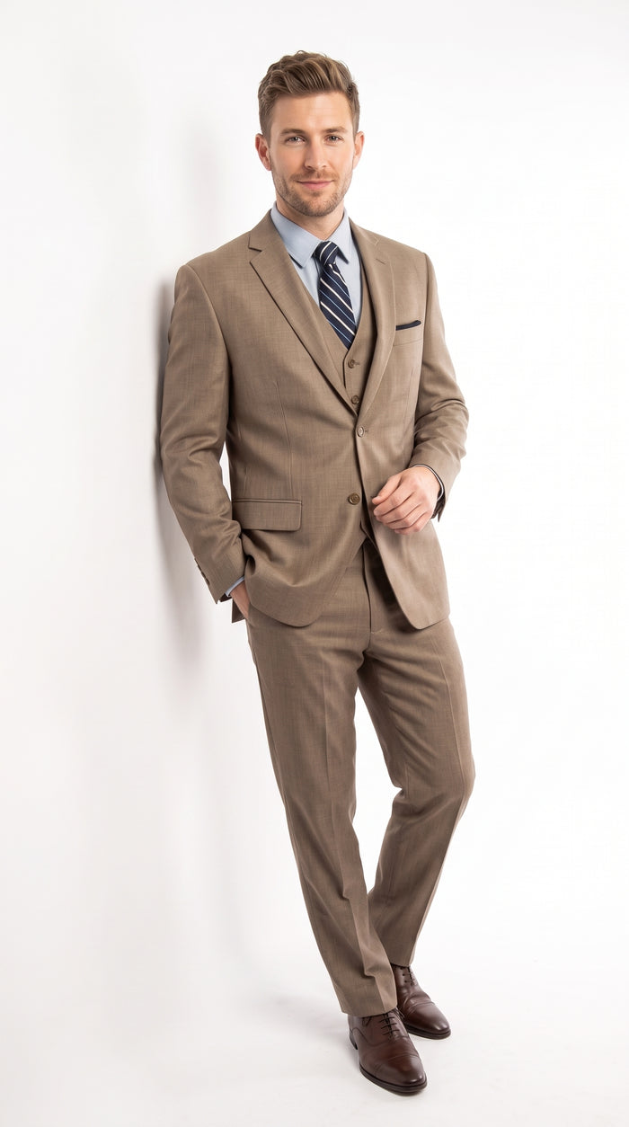 Men’s Tan Classic Fit 3 Piece Suit, Two Button Formal Wedding Business Suit with Vest
