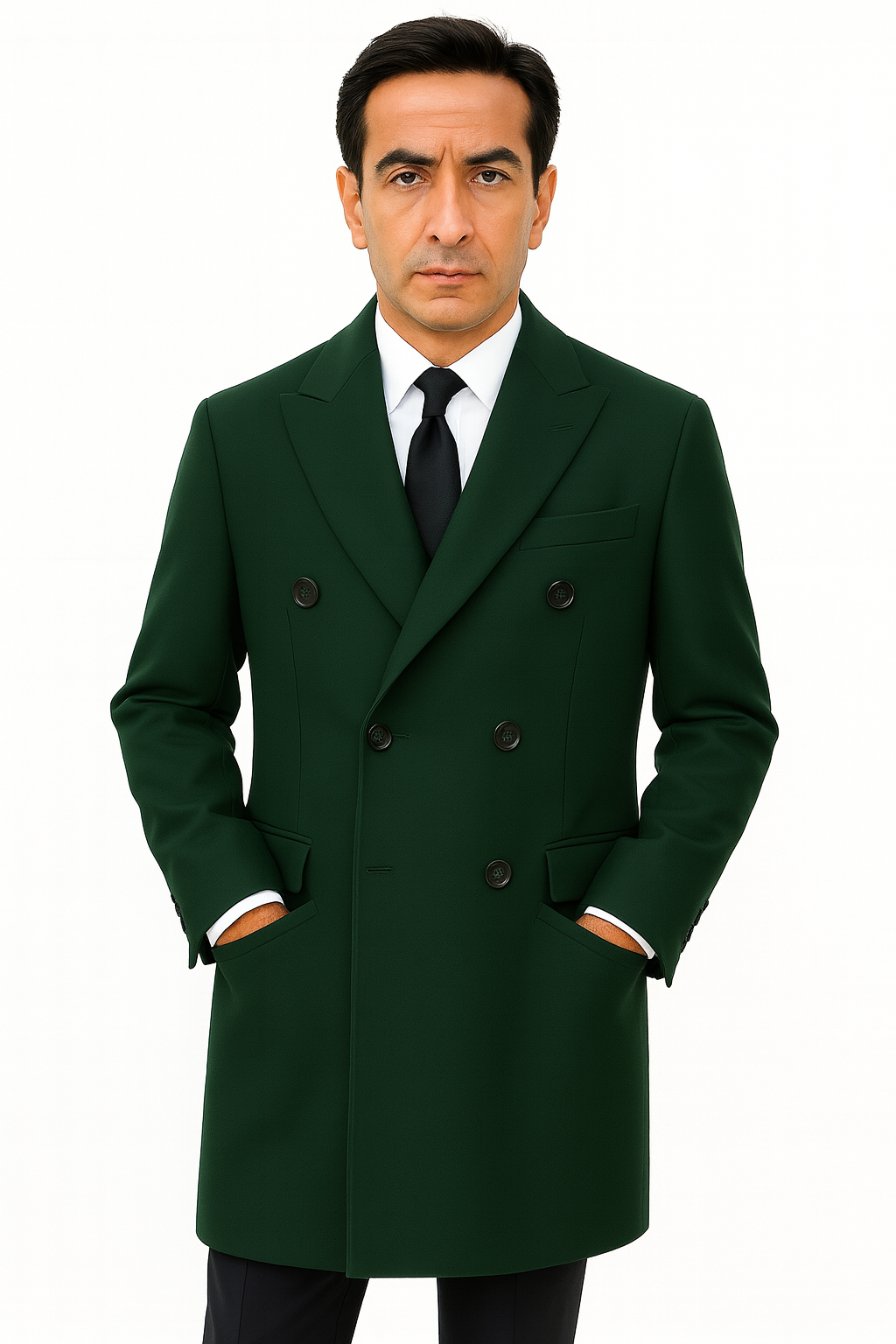 6 Button Dark Olive Green Long Overcoat Custom Prom Tuxedos