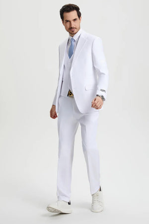 Men's Two Button Vested Stacy Adams Basic Designer Suit in White - Men's Tuxedo USA