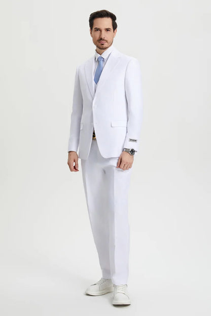 Men's Two Button Vested Stacy Adams Basic Designer Suit in White - Men's Tuxedo USA