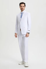 White Wedding Suit For Men - Perfect For Groom - Men's Two Button Vested Stacy Adams Basic Designer Suit In White - Men's Tuxedo USA