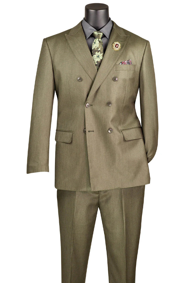 Mens Double Breasted Sharkskin Suit in Dusty Olive Green