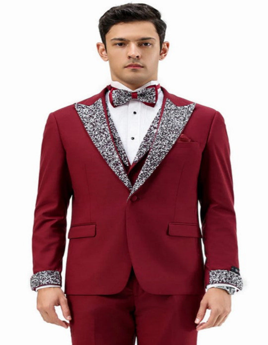 Dark Red - Maroon Wine Prom Tuxedo - Perfect Wedding Suit Vested rhinestone Lapelled