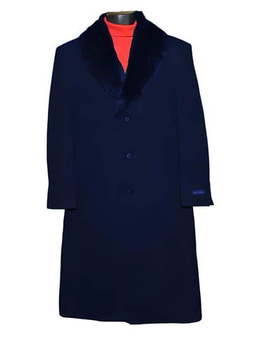 Mens Overcoat - Topcoat For Men - Winter Fabric - Men's 3 Button Fur Collar Black Wool Ankle length Dark Blue Overcoat - Men's Tuxedo USA