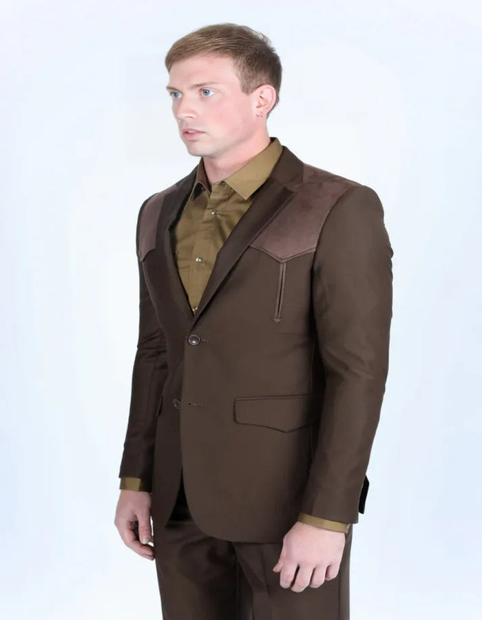 Men's Dark Brown Western Suit Sport Coat with Suede Yokes and Elbow Patches