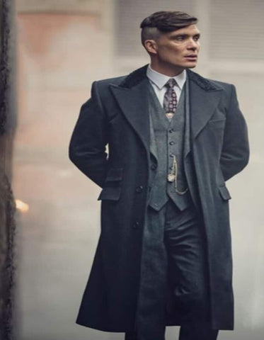 Mens Overcoat - Topcoat For Men - Winter Fabric - men's Dark Grey Thomas Shelby Costume Jacket + Pants + Vest + Overcoat + Hat - Men's Tuxedo USA