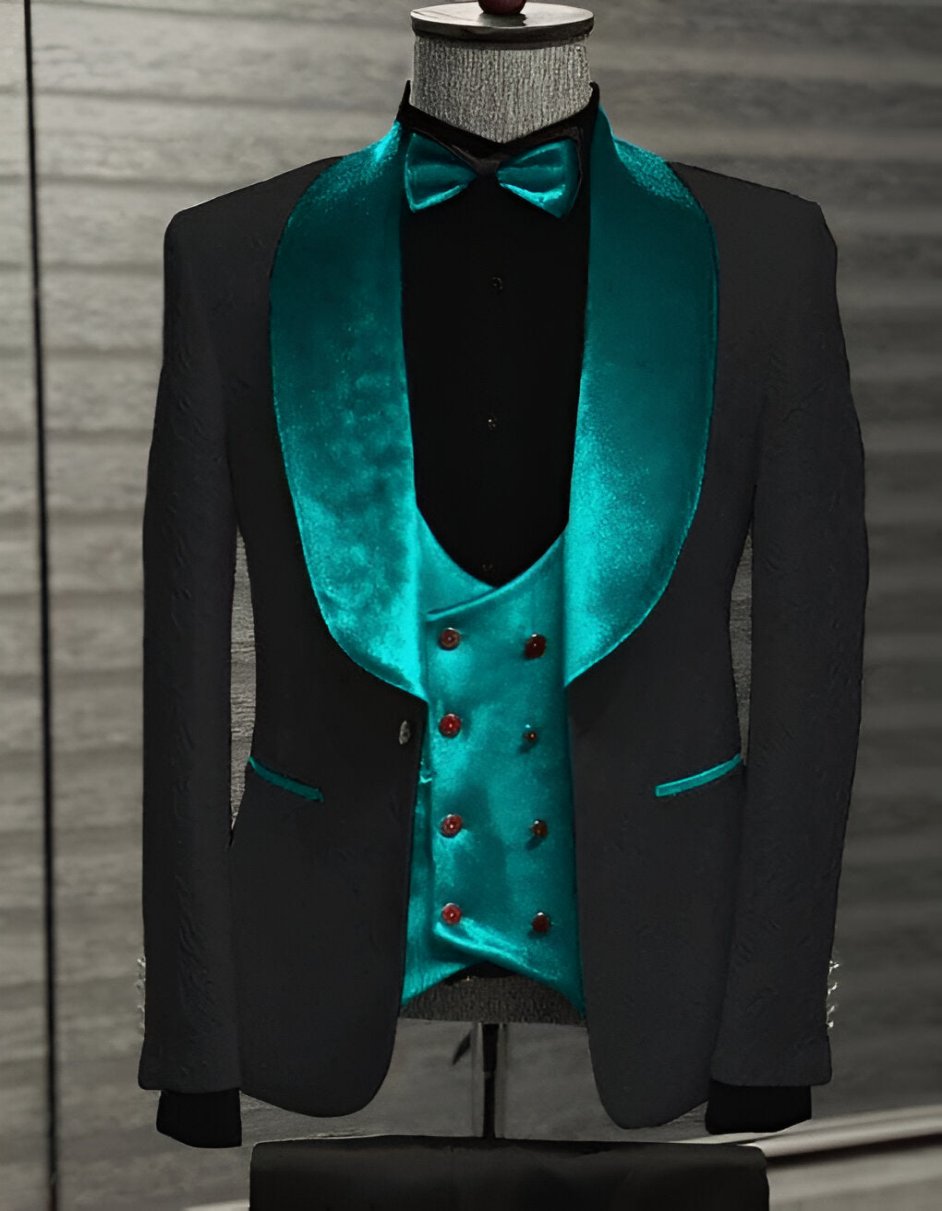 48 Black and Teal Blue Tuxedo Wedding Groom Suit Bowtie Vest