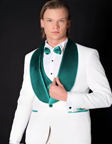 White and Teal Blue Tuxedo - Wedding Groom Suit + Bowtie & Vest