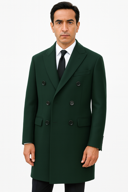 6 Button Dark Olive Green Long Overcoat Custom Prom Tuxedos
