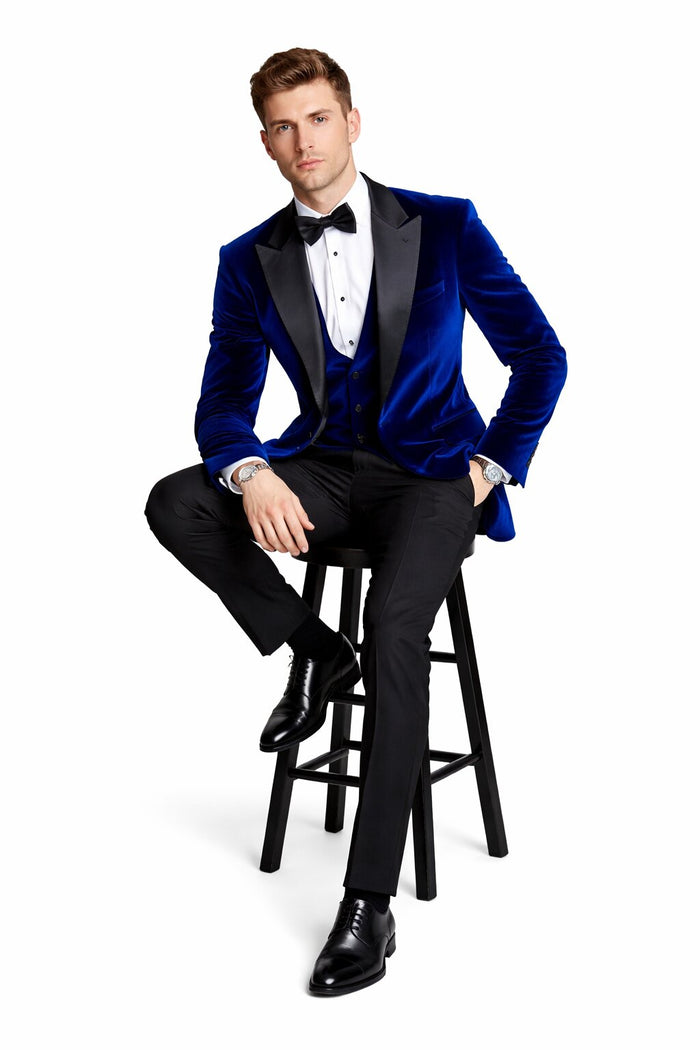 Men's Designer Velvet Tuxedo Dinner Jacket in Dark Royal Blue Big and Tall Prom Tuxedos