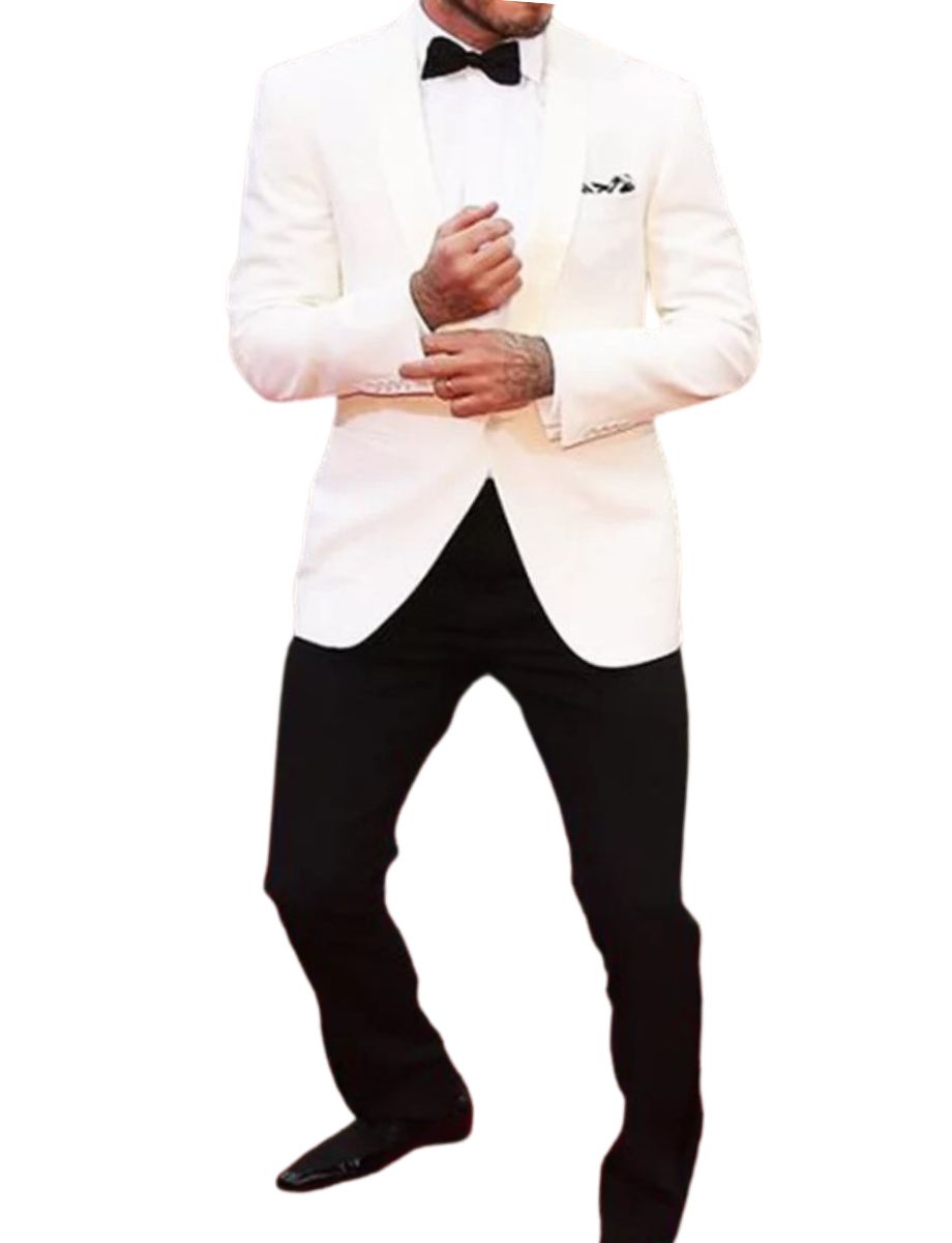 Men’s Ivory White Wedding Tuxedo – David Beckham Style Formal Dinner Jacket