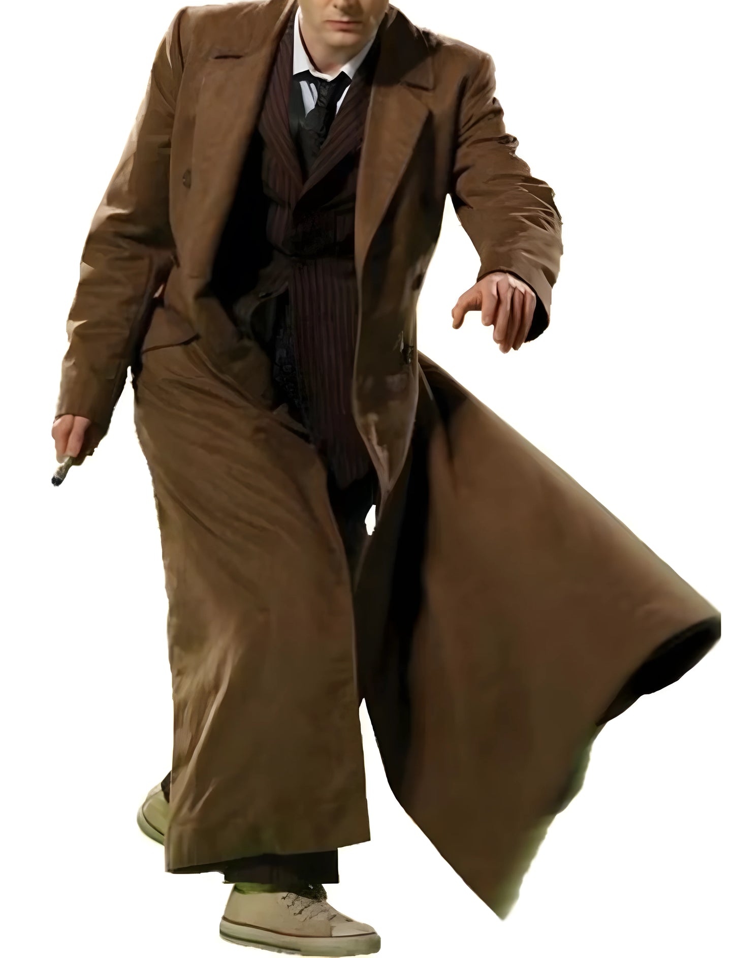 David Tennant as the 10th Doctor Who wearing a long brown trench coat.