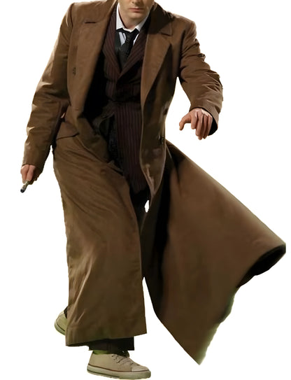 David Tennant as the 10th Doctor Who wearing a long brown trench coat.