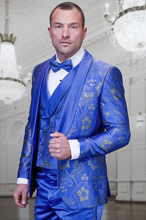 Men's royal blue paisley lace print tuxedo with double breasted vest  prom & wedding suit