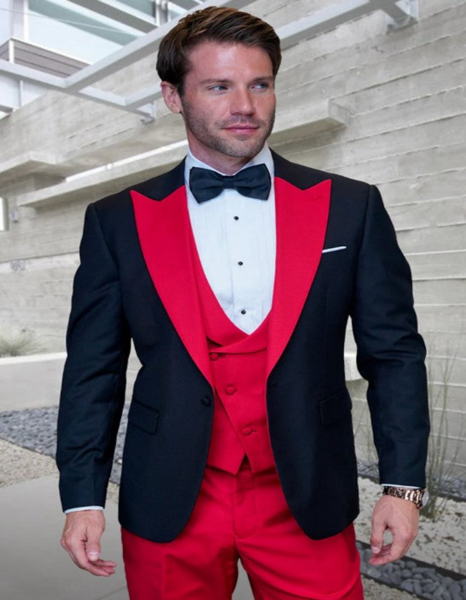 Mens Vested Contrast Peak Lapel Wool Wedding and Prom Tuxedo in Black and Red